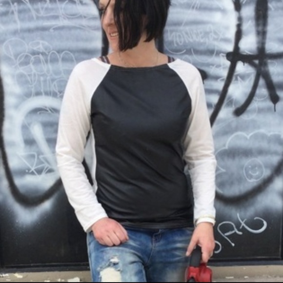 Boutique Tops - NWT B&W Faux Leather Baseball Top
